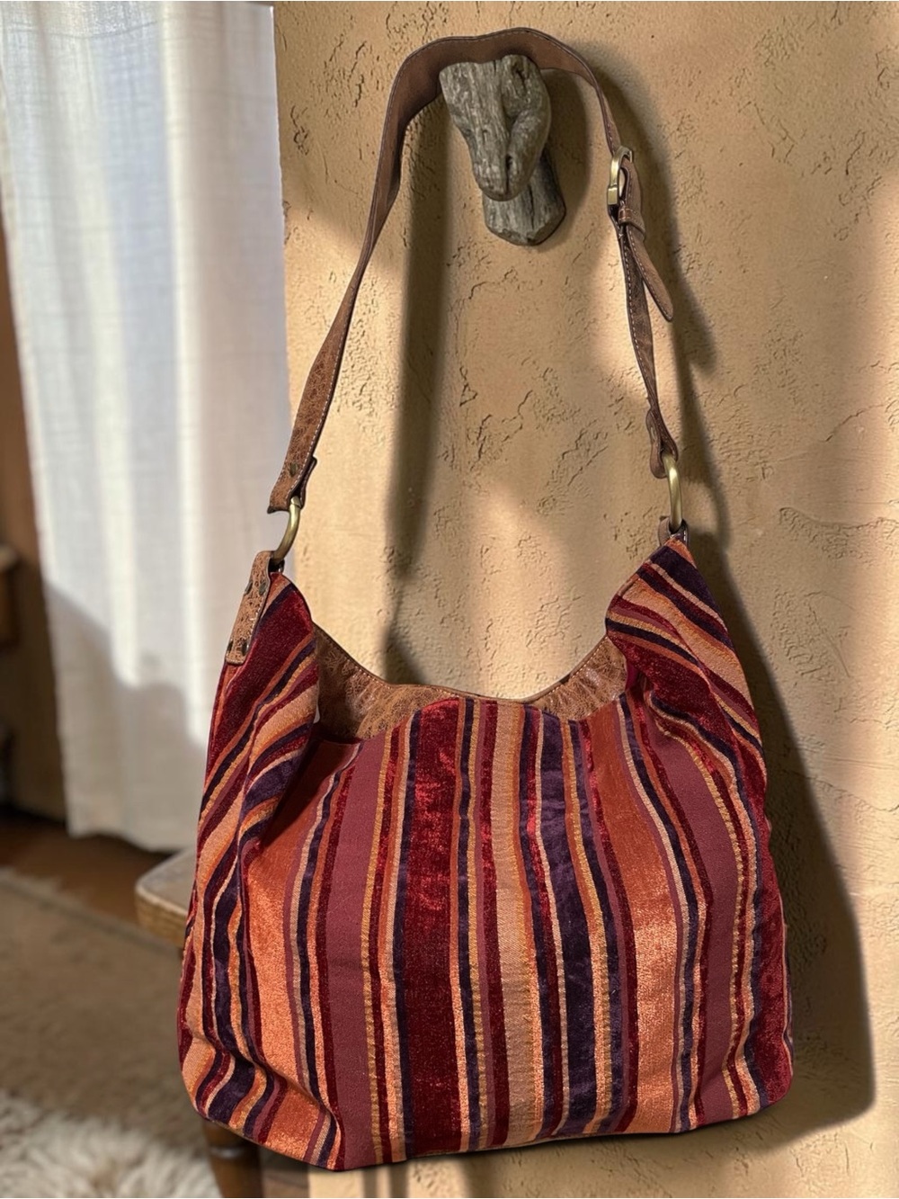 Sonoma Chenille & Canvas Striped Shoulder Hobo in Burgundy, Rust and Navy